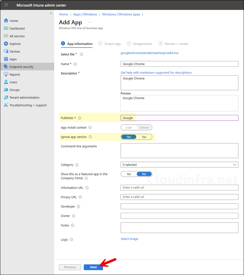 Google Chrome MSI deployment on Intune