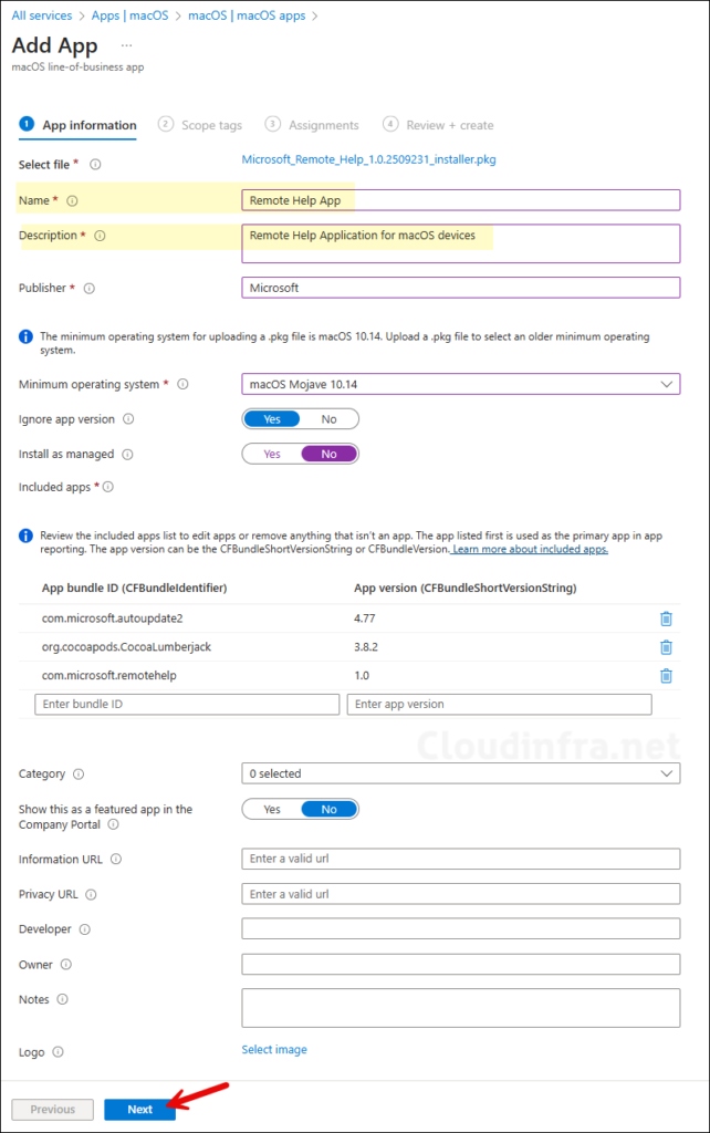 Remote Help Intune deployment on Mac App information page