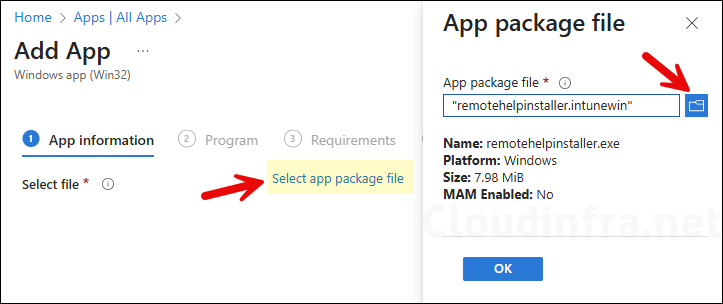 Browse to remotehelpderinstaller.intunewin
