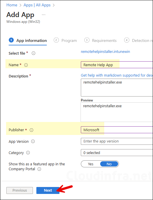 Intune App information tab for Remote help App