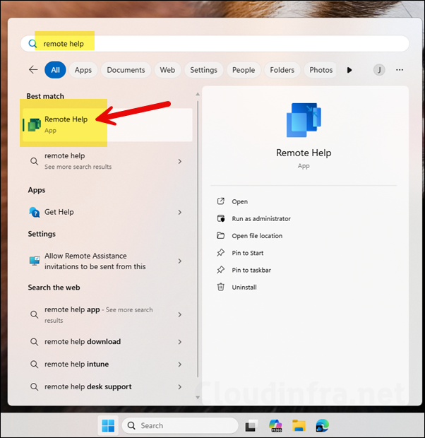 Remote Help app in start menu