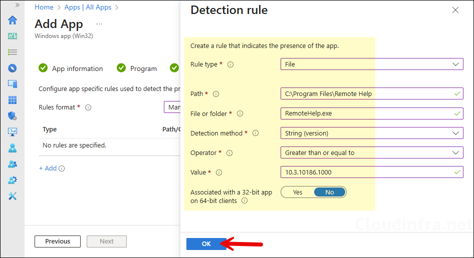 Detection Rules tab for Remote help App