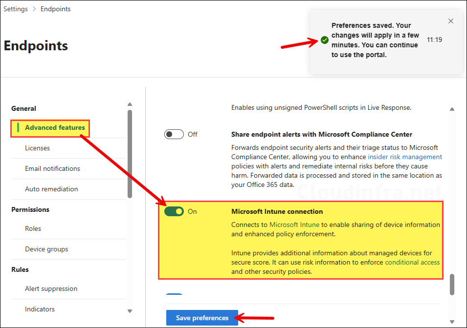 Enable the toggle switch Microsoft Intune connection