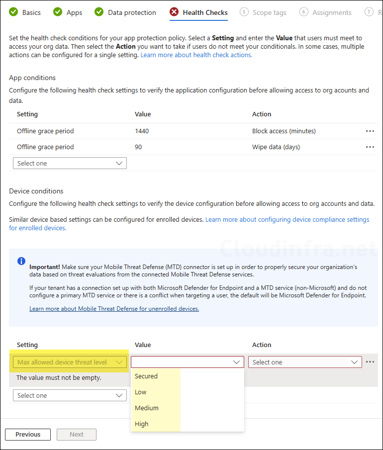 App protection policy evaluation configuration for defender 