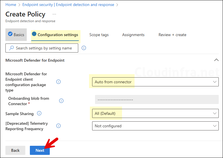 Intune EDR policy config for device onboarding