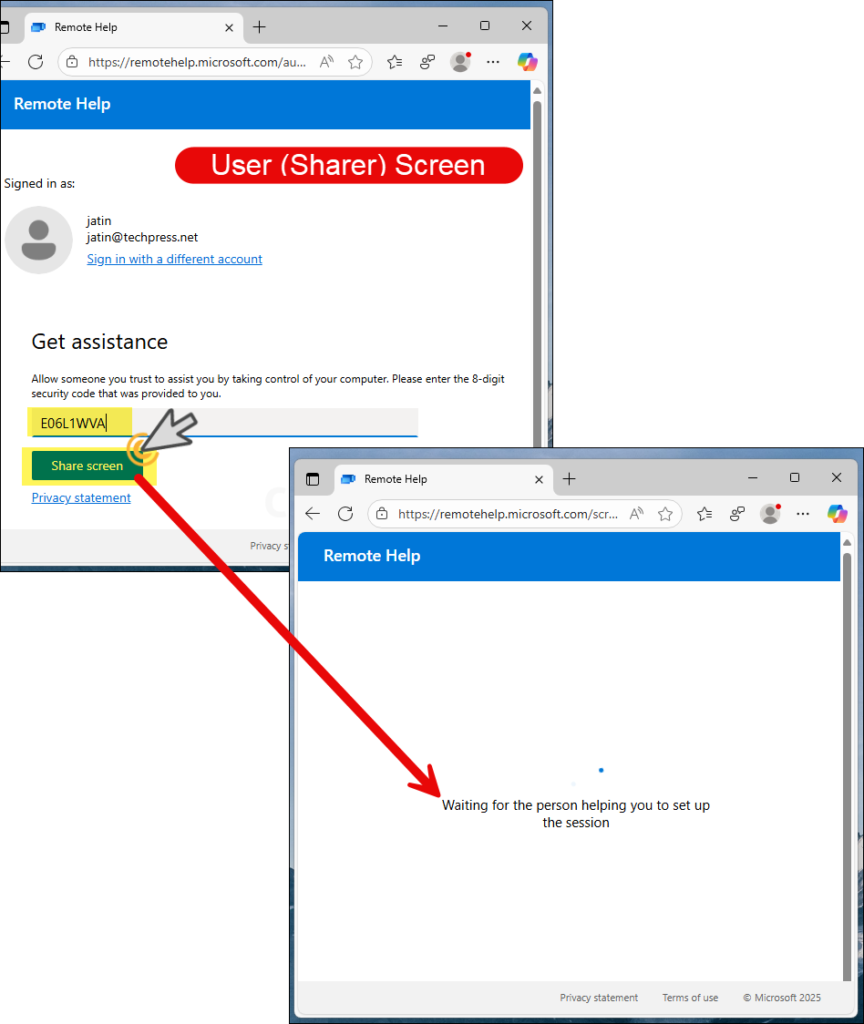 Remote help web app Enter security code