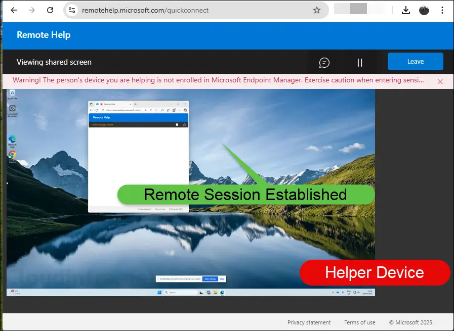 Remote Session Established using Remote Help Web App