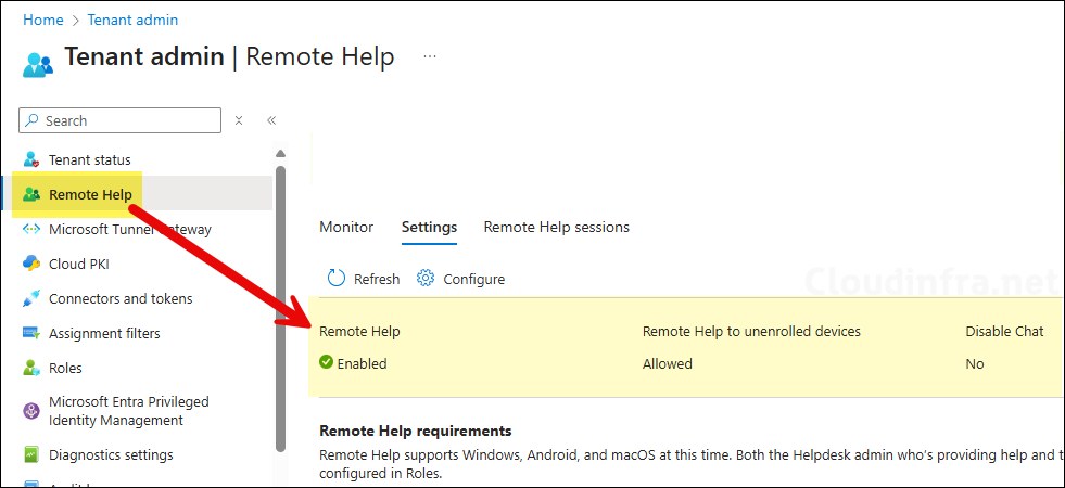 Remote Help in Intune showing Enabled