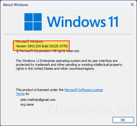 Windows version 25H2 build check