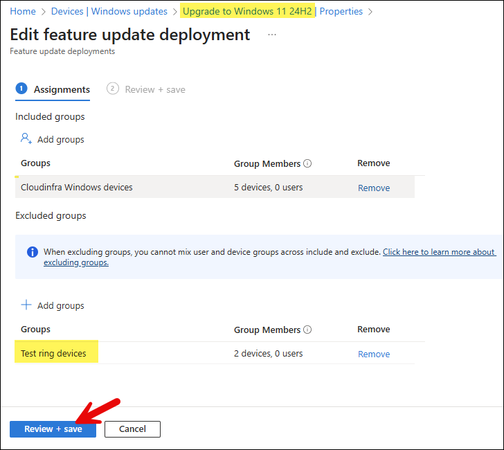 Excluding Test devices from existing Feature update policy