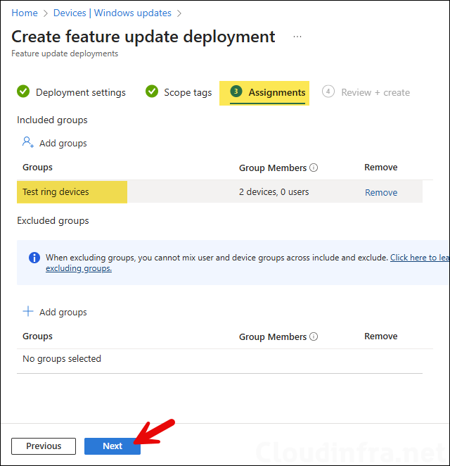 Assign the policy to Test ring of devices