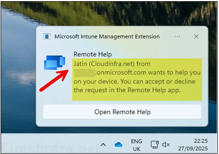 Remote Help notification pop-up on users device