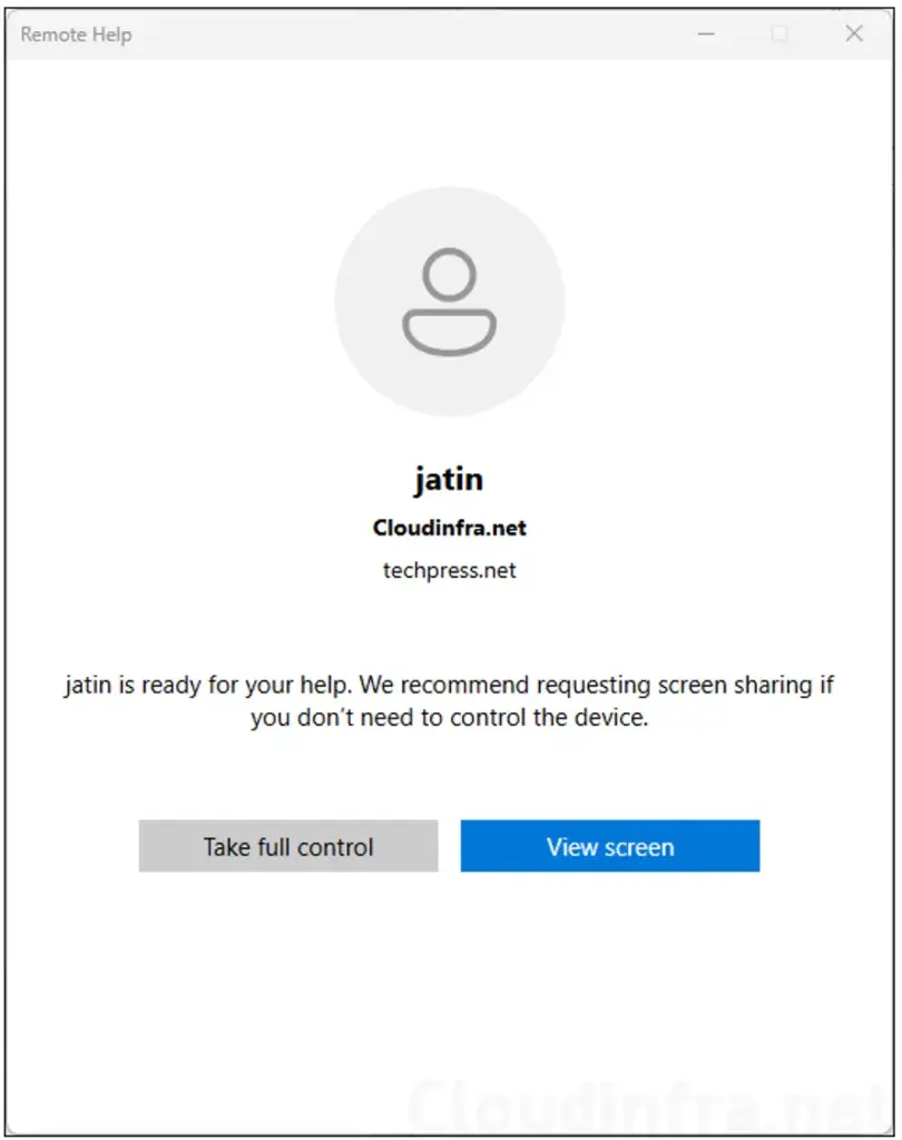 Take Full control and View Screen options Remote Help