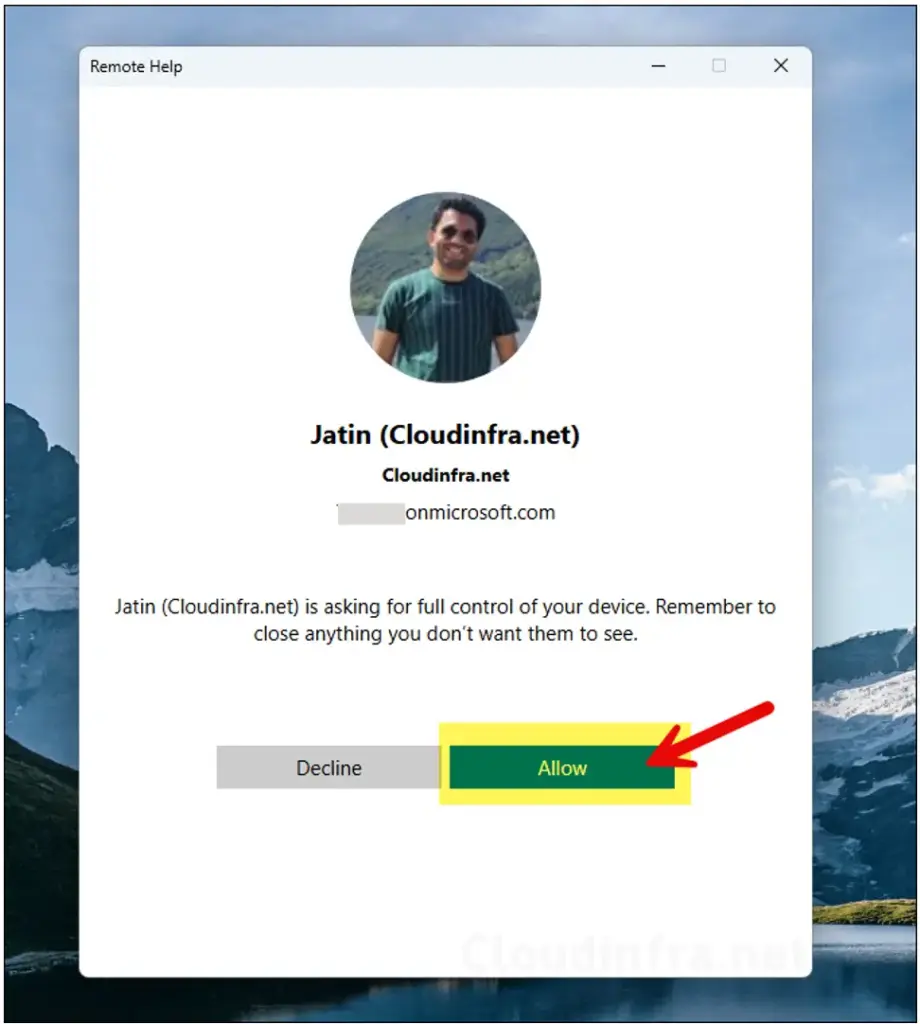 Allow or Decline buttons Screen for User