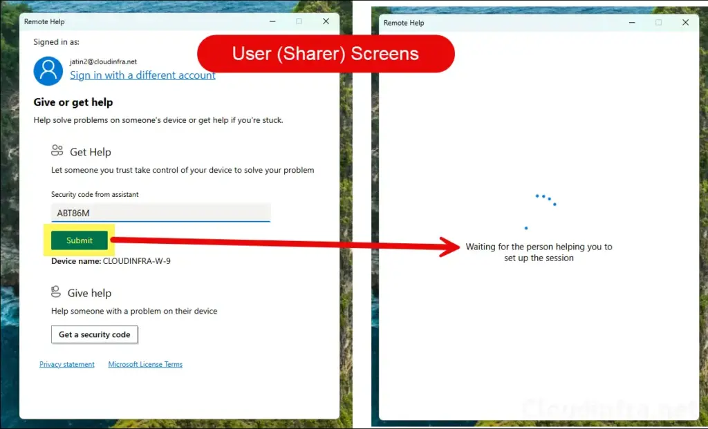 Enter security code in Remote Help desktop app