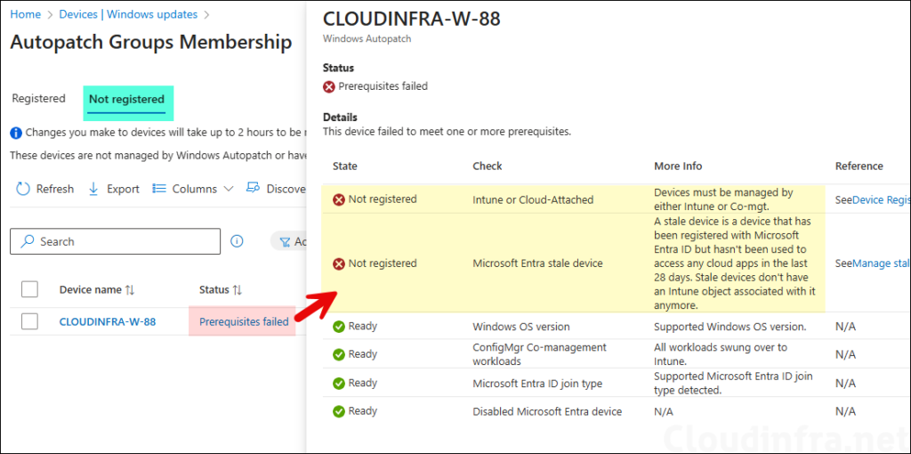Autopatch device prerequisites failed status