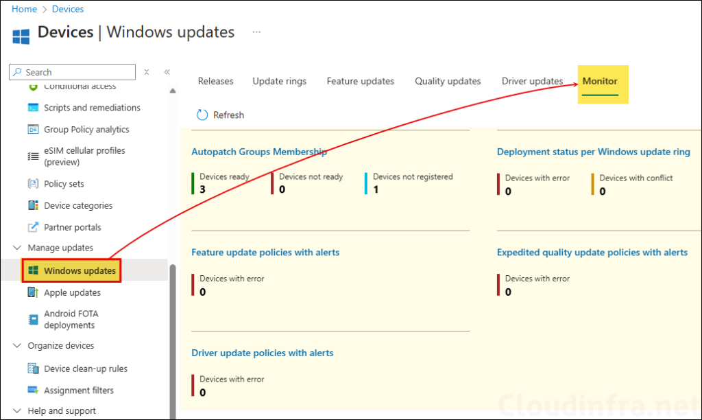 Windows updates monitor tab Intune