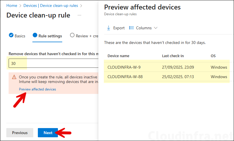 Preview affected devices