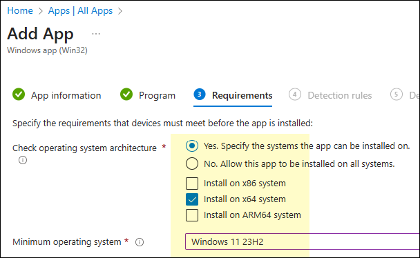 Requirements tab