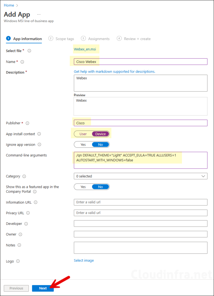 Deploy Cisco Webex using Line-of-Business App Deployment Method