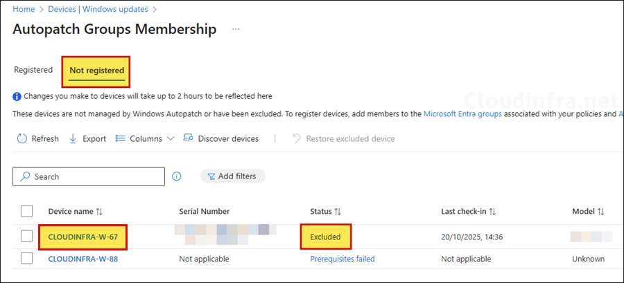 Not registered tab in Windows Autopatch