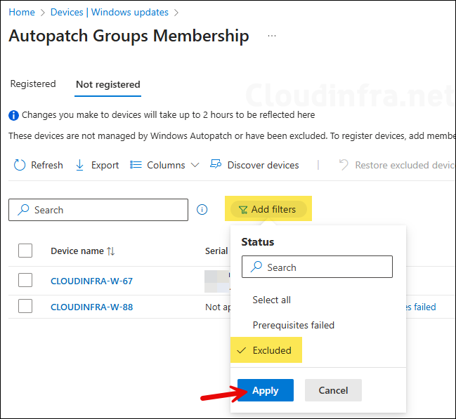 View the list of Excluded devices in Autopatch