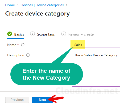 Enter the name of the new device category