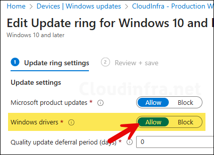 Allow Drivers in Intune Update Ring