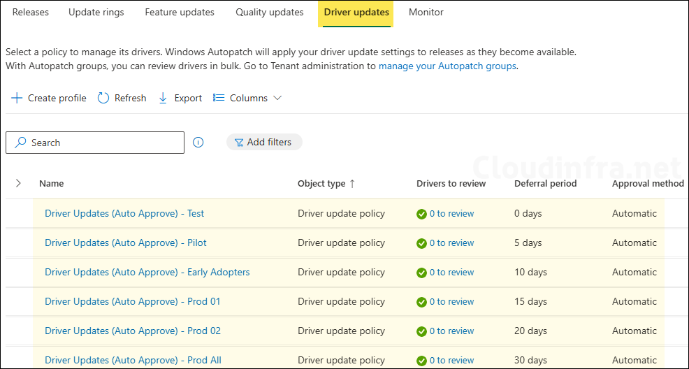 Driver update policies created in Intune