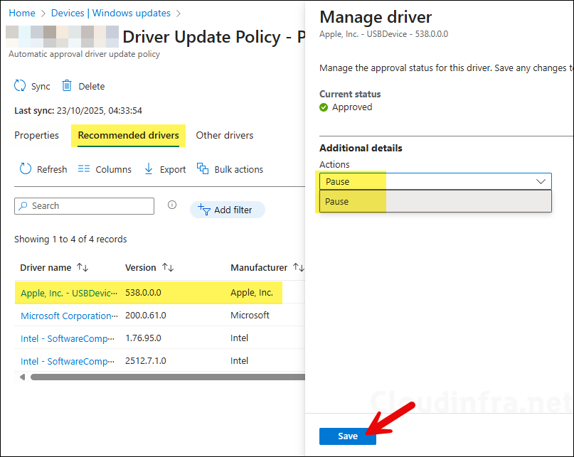 Pause the Driver in Intune