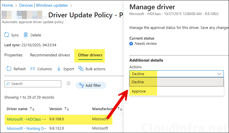 Decline or Approve the driver on Intune