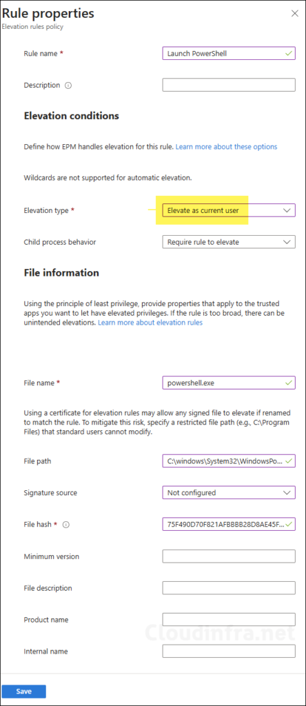 Elevation Rules Policy with Elevate As Current User Option