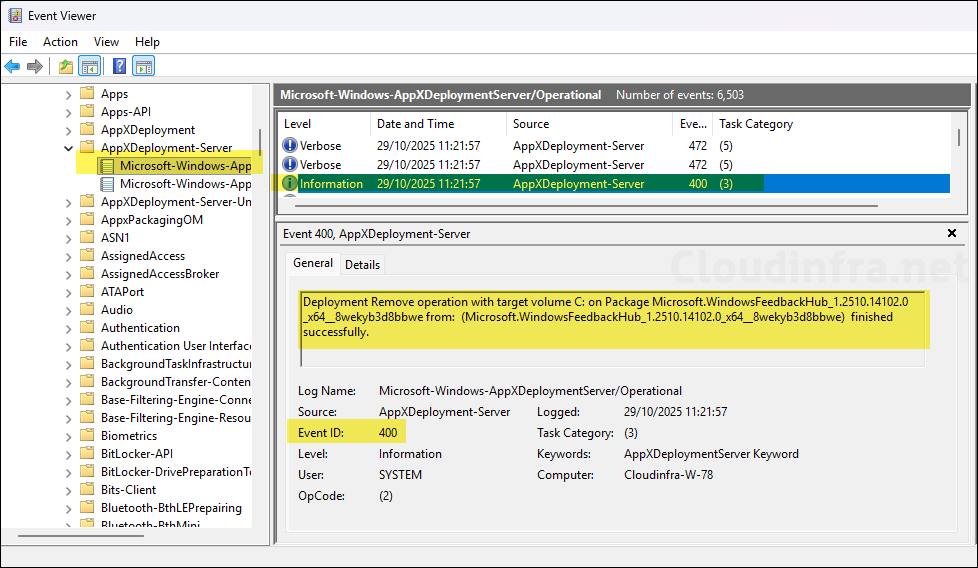 Event ID 400 for removal of inbox apps