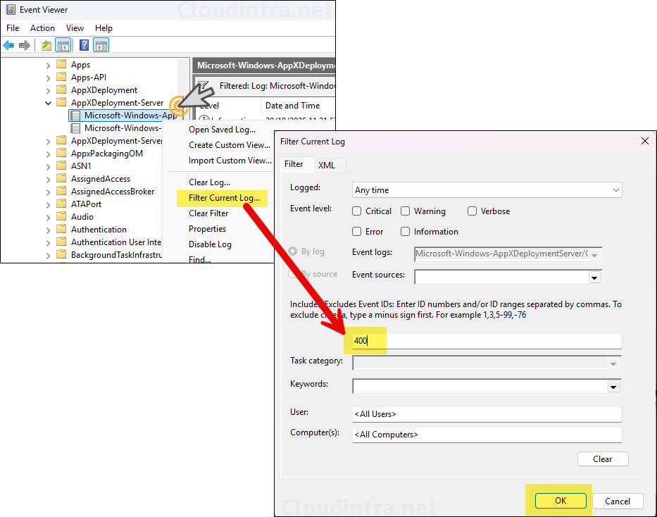 Filter event ID 400 in event viewer