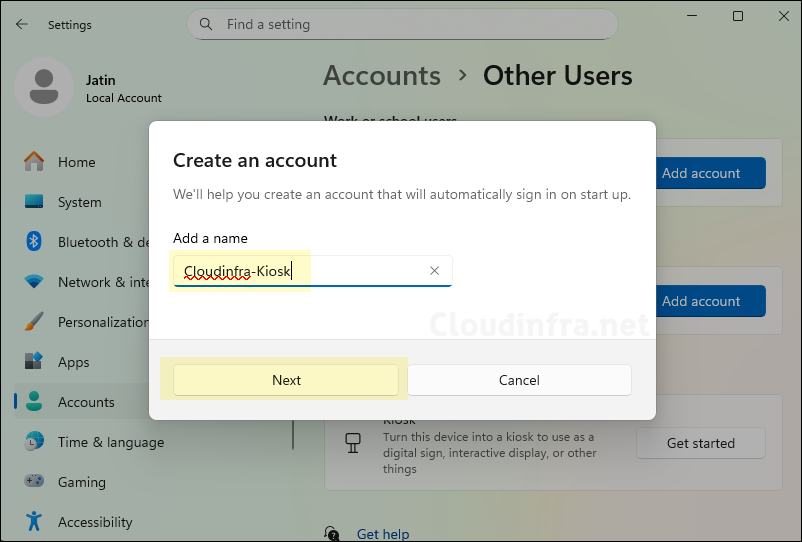 Provide the display name of the kiosk local user account