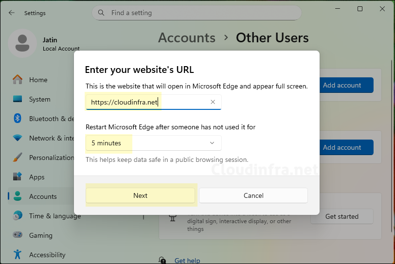 Enter Kiosk Website URL and idle time