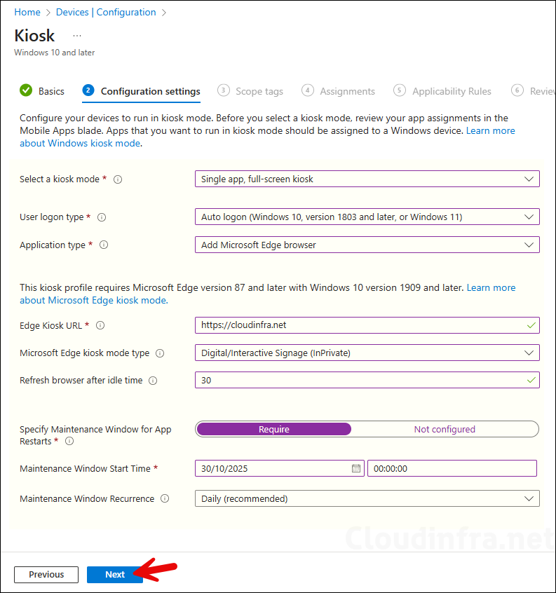 Single App, Full Screen Kiosk Intune configuration settings