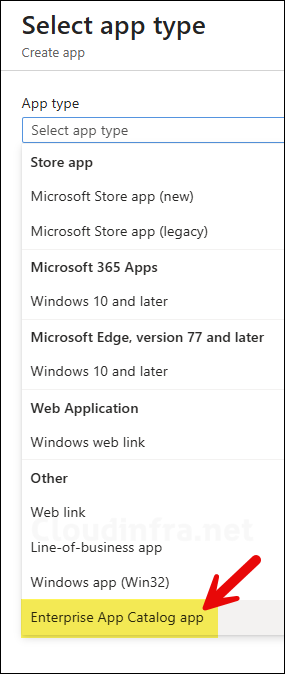 Enterprise App catalog app type selection