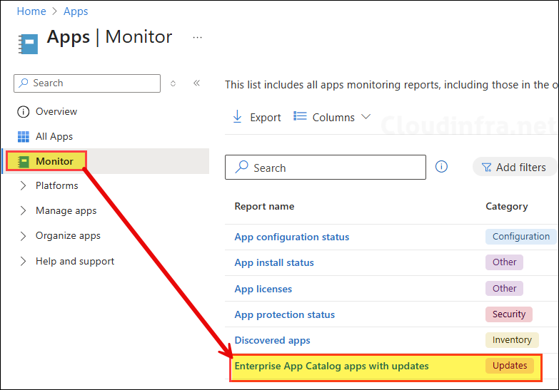 Enterprise App Catalog apps with updates Intune Report
