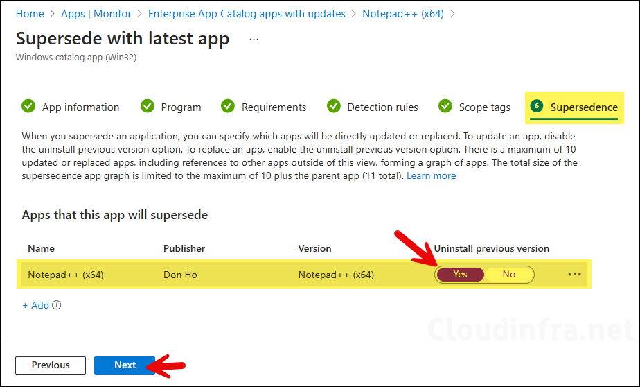 Supersedence tab of new version app