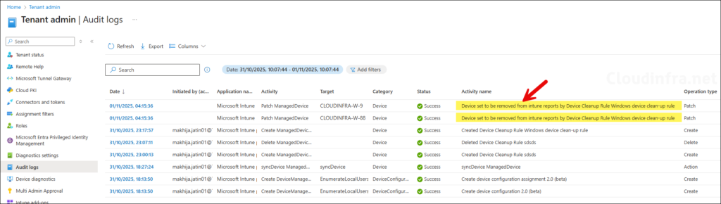 Device set to be removed from Intune reports by Device Cleanup Rule Windows device clean-up rule