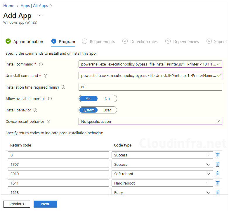 Program tab to deploy printers via intune