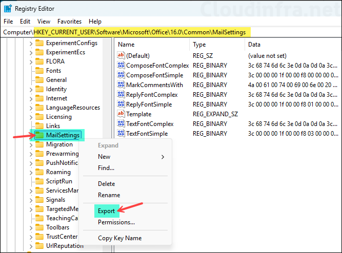 Export MailSettings Registry Key