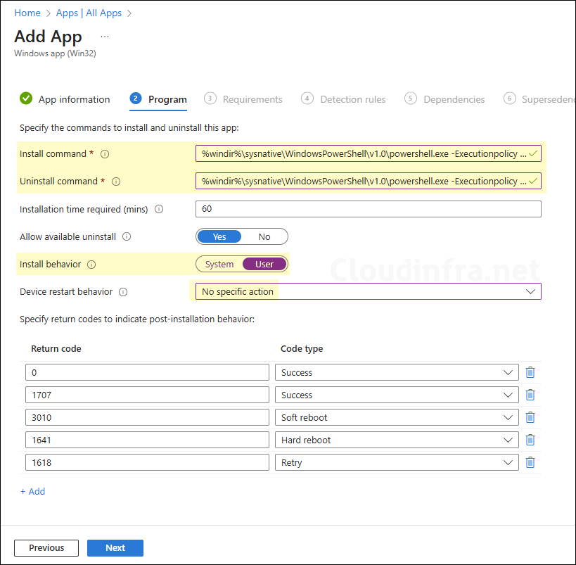 Program tab for Intune deployment of font config in Outlook