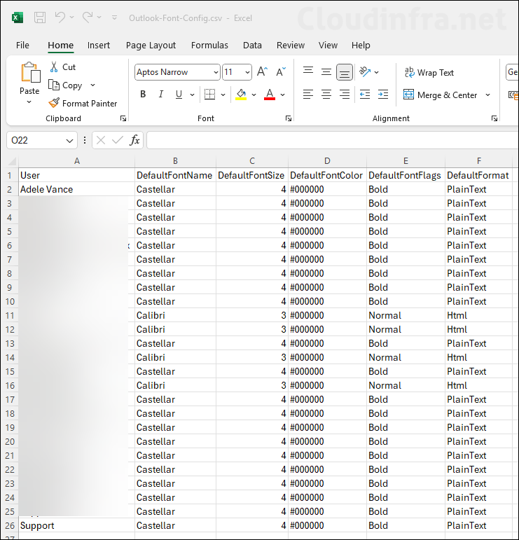 Export Default Outlook Font Configuration for All User to CSV