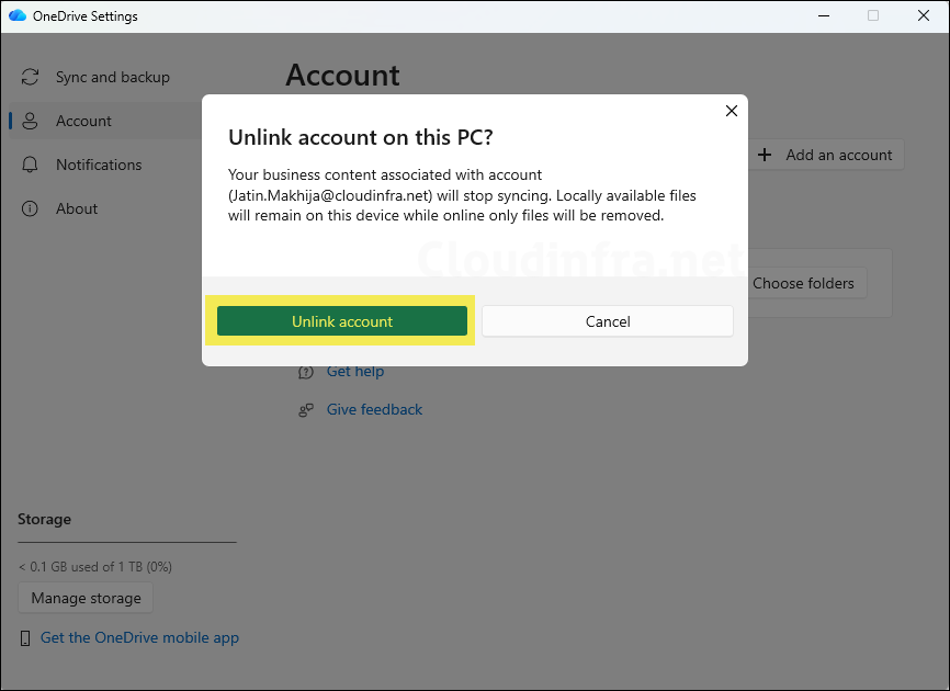 Click Unlink account for onedrive