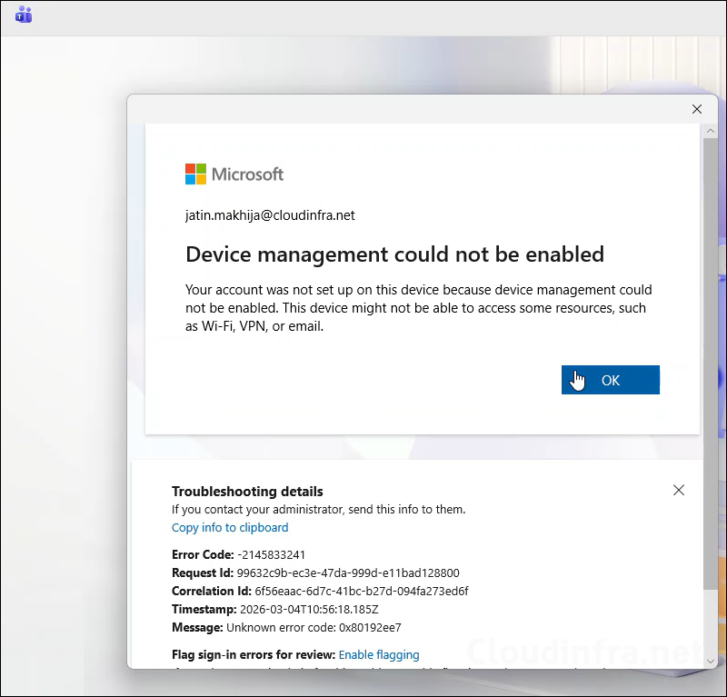 Device management could not be enabled