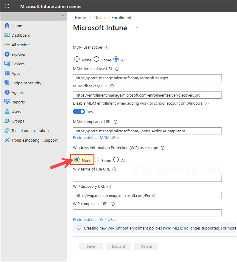 Set Windows Information Protection (WIP) user scope to None