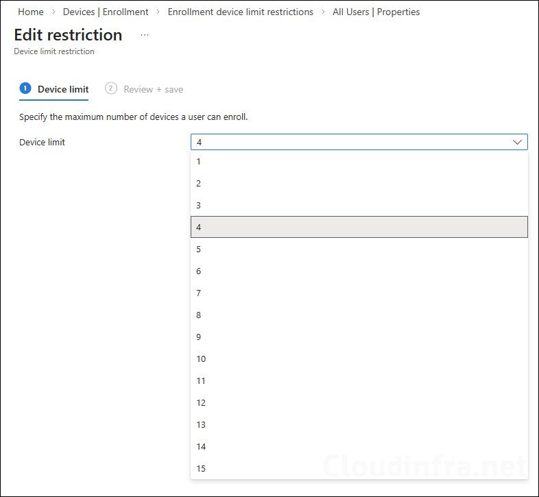 device limit restriction on intune