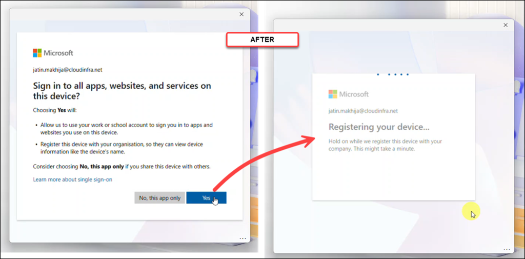 Experience when Disable MDM enrollment when adding a work or school account on Windows toggle Enabled